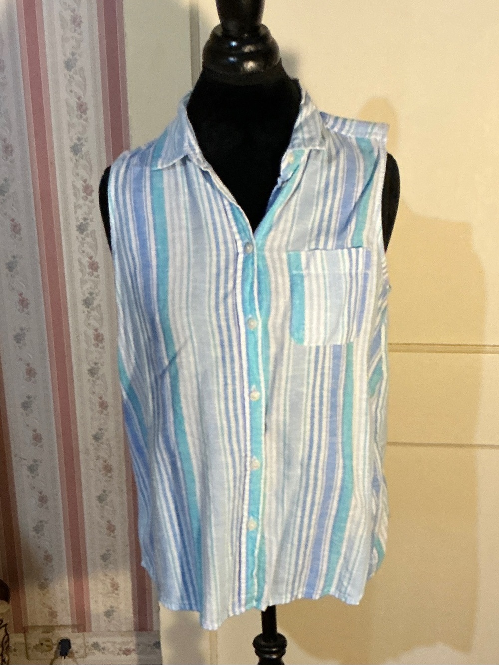 Time and Tru Blue, Teal & White Striped Sleeveless Button Front Top